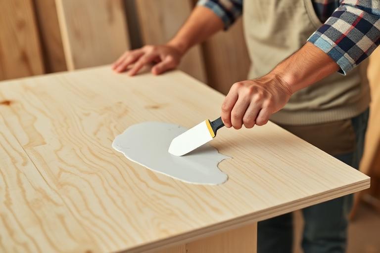 Carpenter spreading white woodworking adhesive on a plywood panel