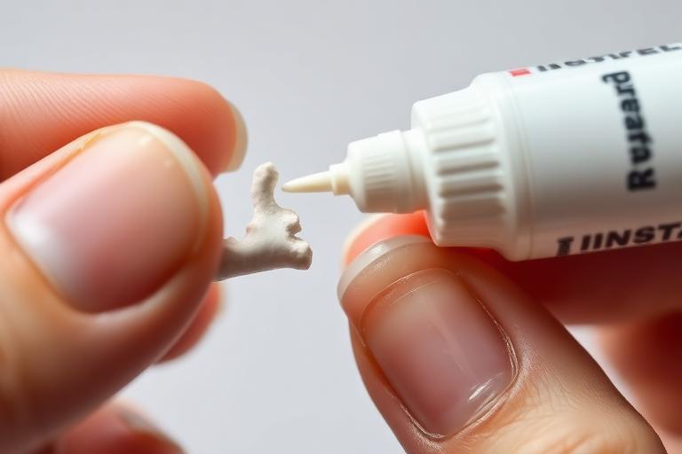 Instant super glue bonding two broken ceramic pieces
