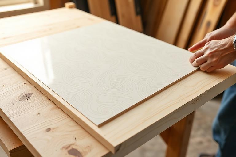 Laminate sheet being pressed onto a plywood board
