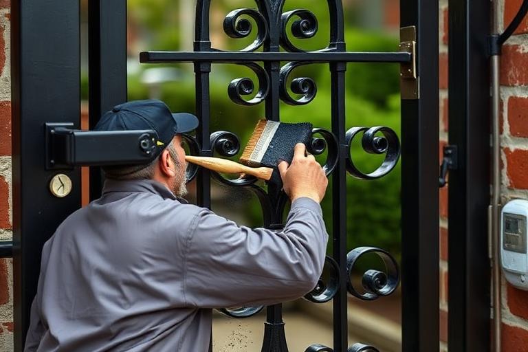 Painter applying black enamel to an iron gate grille