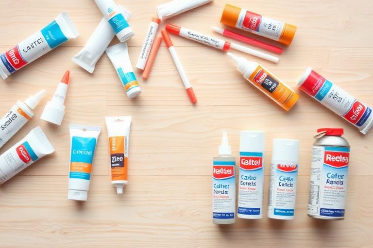 Assorted adhesive tubes, glue sticks and cans laid out on a table