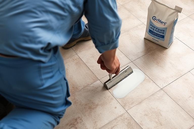 Worker applying tile adhesive with a notched trowel before laying floor tiles