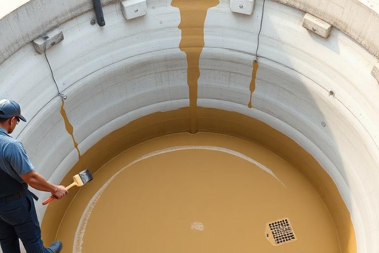 Worker coating the inside of a concrete water tank