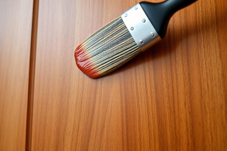 Varnish brushed onto a teak wooden door panel